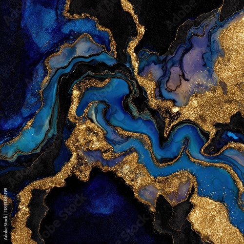 Abstract artwork of flowing gold and blue patterns against dark background