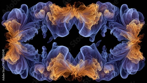 Abstract artwork of swirling smoke in blue and orange against black background