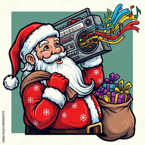 Santa claus rocking out with a vintage boombox while carrying a sack full of colorful christmas presents and festive holiday music notes