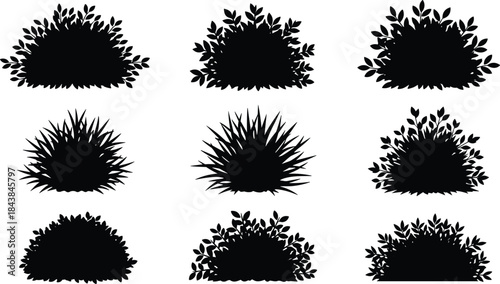 Bush silhouette set, shrub shapes, landscape design, plant icons, foliage variation, garden elements, botanical illustration, hedge outline, nature symbols, bush grid, leafy forms
