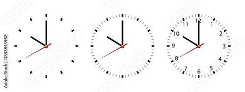 Realistic Wall Office Clock Face Set – Minimal White and Black Dials with Numbers and Clock Hands, Simple Front View Time Display Template Isolated