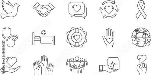 Charity, healthcare and humanitarian line icons set showing love support community donation medical care global compassion symbols for nonprofit awareness