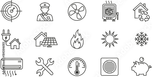 Home energy and safety line icons set with heating cooling solar security cad drawing flat vector illustration design
