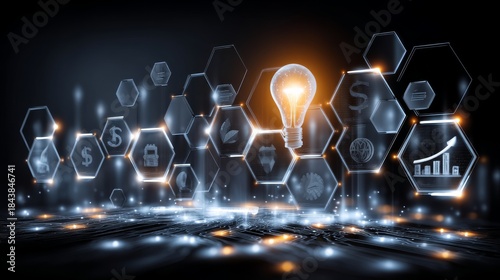 A futuristic digital landscape featuring illuminated hexagons displaying various business and technology icons, with a glowing light bulb in the