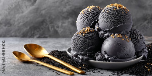 Black sesame ice cream scoops served on a plate with golden spoons against a textured dark background
