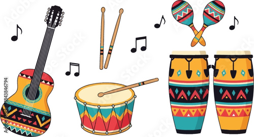 Colorful musical instruments including a guitar drums maracas and drumsticks displayed on a white background