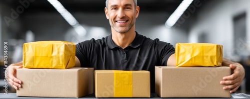 A smiling courier presenting neatly packed boxes in a warehouse setting, showcasing organization and readiness for delivery