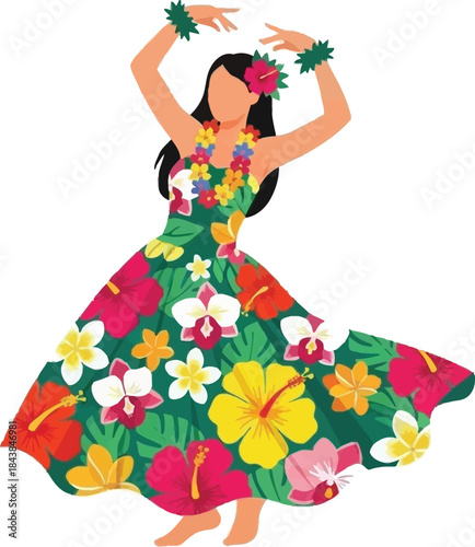 A vibrant illustration of a woman performing a traditional hawaiian hula dance with floral leis