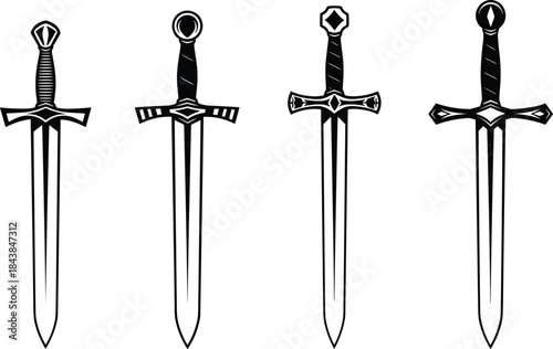 Sword silhouette illustration, medieval weapon, ornate hilt, fantasy blade, black vector, combat icon, historical design, stylized sword, battle gear, armory art