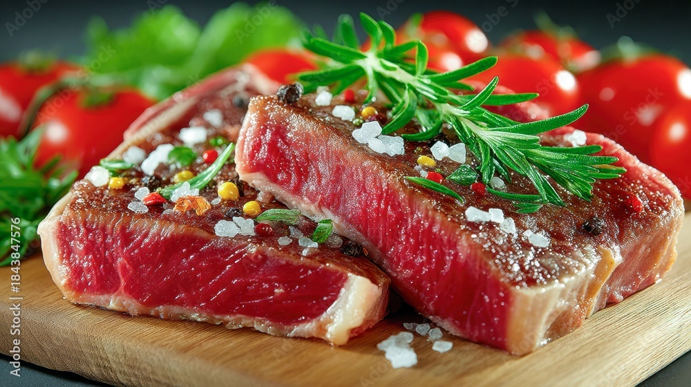 Obraz premium Delicious Grilled Beef Steaks with Fresh Herbs and Spices on a Wooden Board, Ready for a Gourmet Meal.