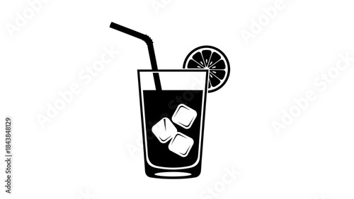 a minimalistic black and white illustration depicts a refreshing glass of drink with ice cubes and a lemon slice high quality professional detailed modern elegant