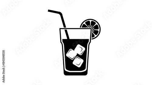 a simple black and white illustration depicts a glass filled with a dark liquid ice cubes a lemon slice and a straw high quality professional