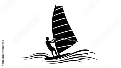 a striking black and white silhouette depicts a windsurfer gracefully gliding across turbulent waves showcasing the dynamic interplay between athlete and ocean high quality professional