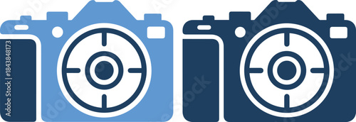Vector graphic of two camera icons in blue shades on isolated white background