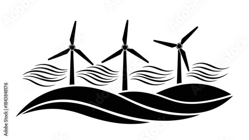 a simple black and white illustration depicts three wind turbines standing on a rolling green hill with wavy lines representing wind currents below high quality