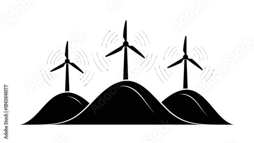 a simple black and white illustration depicts three wind turbines standing on top of rounded hillsides showcasing renewable energy high quality professional detailed modern elegant