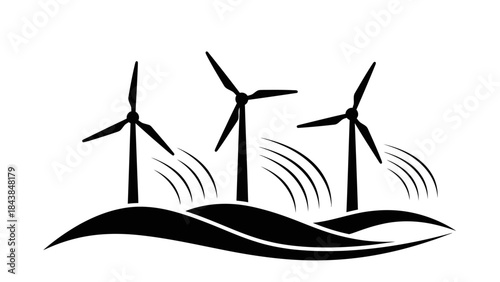 a minimalistic black and white depiction of three wind turbines standing on a rolling green hill illustrating renewable energy sources and sustainable practices high quality