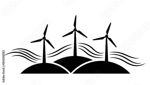 a simple black and white illustration depicts four wind turbines standing on rolling hills with curved lines representing wind or water high quality professional detailed