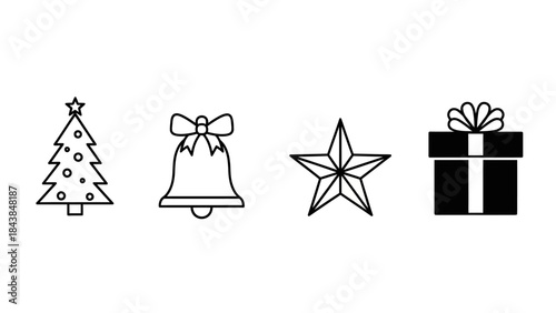 a simple illustration showcases a christmas tree a festive bell a shining star and a neatly wrapped gift all in black and white high quality