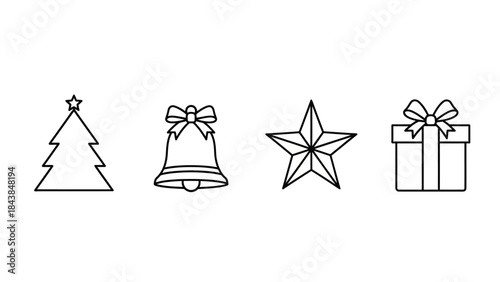 a simple black and white illustration depicts a christmas tree a bell a star and a gift box all outlined high quality professional detailed modern
