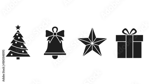 a festive arrangement depicting a christmas tree a classic bell a shining star and a beautifully wrapped present all rendered in a simplistic black