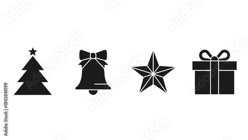 a simple collection of black silhouette icons illustrating a christmas tree a bell a star and a present is shown here high quality professional detailed