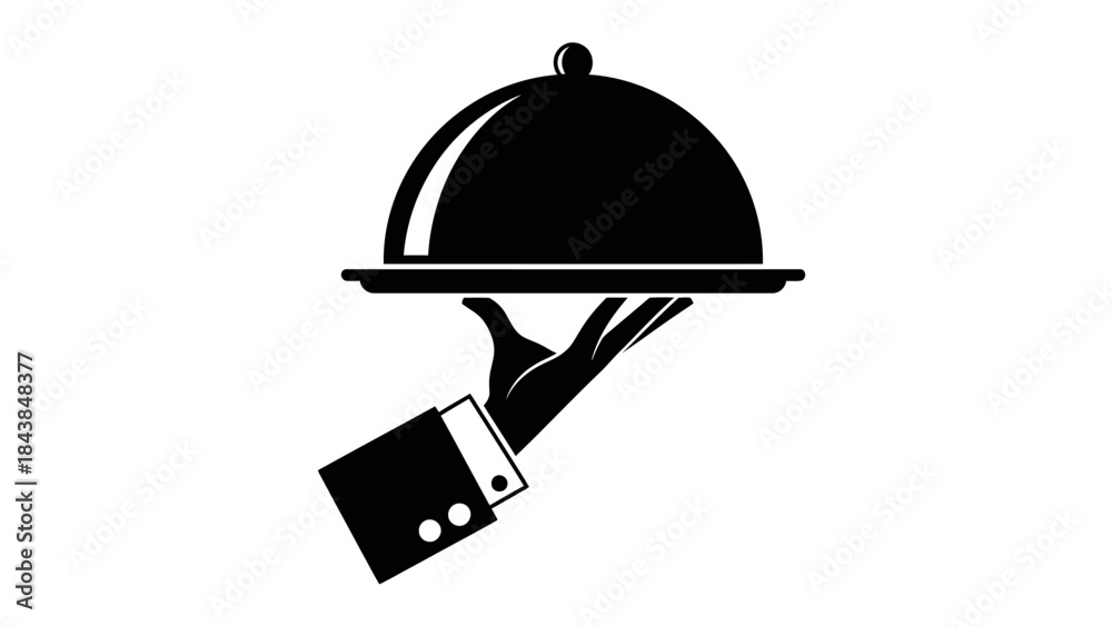 Obraz premium a simple black and white illustration depicts a gloved hand presenting a covered serving dish on a silver platter high quality professional detailed modern elegant