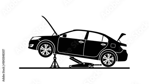 a black and white silhouette depicts a sedan car elevated on a jack suggesting vehicle maintenance or repair work is underway high quality professional detailed