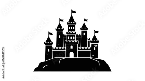 a detailed black and white illustration depicts a majestic castle with several towers flags and a gate sitting atop a small hill high quality professional