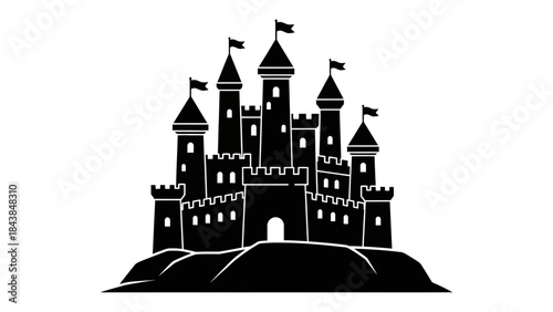 a striking silhouette of a majestic castle complete with multiple towers flags and a detailed fortress design stands proudly on a grassy hill high quality