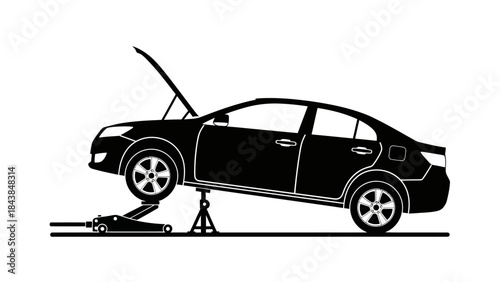 a sleek black silhouette of a modern sedan is depicted with its hood open resting on a jack and stand high quality professional detailed elegant