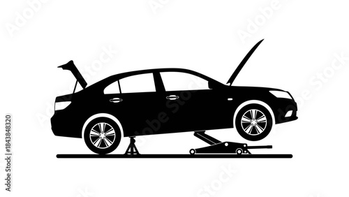 a sleek black sedan is depicted with its hood raised and supported seemingly undergoing maintenance with a jack underneath high quality professional detailed modern elegant