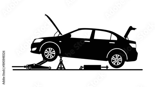 a sleek black sedan is depicted with its hood open and being supported by a hydraulic jack for maintenance high quality professional detailed modern elegant