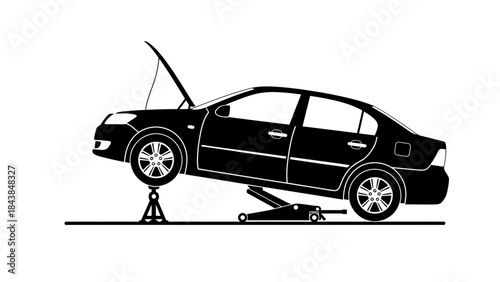 a black and white illustration depicts a sedan car being lifted with a hydraulic jack for maintenance high quality professional detailed modern elegant stylish clean