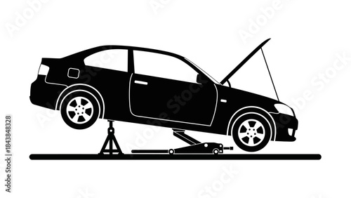 a black and white illustration depicts a sedan automobile lifted on a jack with the hood open suggesting car maintenance or repair work is