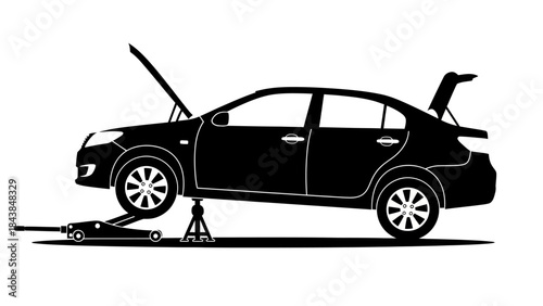 a sleek black silhouette of a modern sedan is depicted with its hood and trunk open suggesting maintenance or repair work is underway high quality