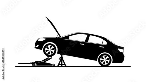 a sleek black sedan is depicted with its hood open and supported positioned on a hydraulic jack and stand for maintenance high quality professional detailed