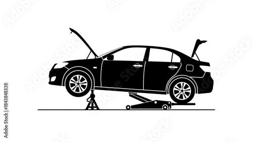a detailed silhouette illustration depicts a modern sedan car elevated on a hydraulic jack for maintenance or repair work high quality professional elegant stylish clean