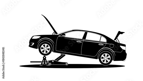 a sleek black sedan is depicted partially disassembled with its hood and trunk open elevated on a jack stand for maintenance high quality professional detailed