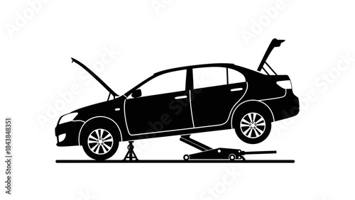 a simple black and white illustration depicts a sedan car being lifted with a jack for maintenance or repair high quality professional detailed modern elegant