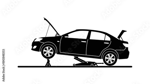 a black silhouette of a sedan car is lifted with a jack for vehicle maintenance and repair high quality professional detailed modern elegant stylish clean