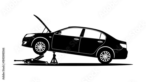 a sleek black sedan is depicted with its hood open and supported by a jack suggesting roadside maintenance or repair work is underway high quality