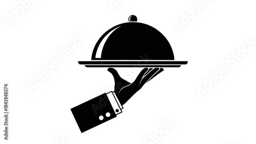 a simple black and white illustration depicts a gloved hand presenting a covered serving dish on a silver platter high quality professional detailed modern elegant