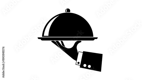 a simple black and white illustration depicts a hand elegantly presenting a covered serving dish on a tray suggesting fine dining high quality professional detailed