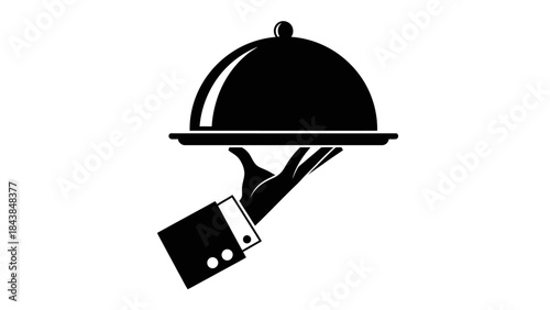 a simple black and white illustration depicts a gloved hand presenting a covered serving dish on a silver platter high quality professional detailed modern elegant