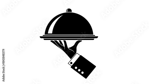 a striking black and white illustration depicts a gloved hand elegantly presenting a covered serving dish on a platter high quality professional detailed modern elegant