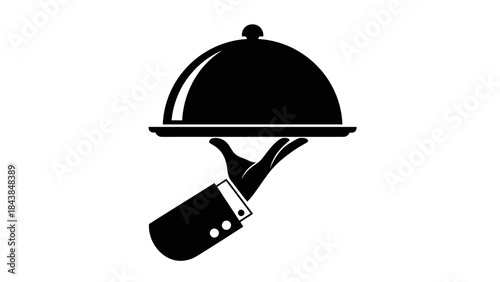 a simple black and white illustration depicts a gloved hand presenting a covered serving dish on a platter high quality professional detailed modern elegant stylish