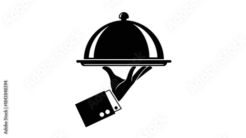 a black and white illustration depicts a hand in a suit presenting a covered dish on a silver platter high quality professional detailed modern elegant