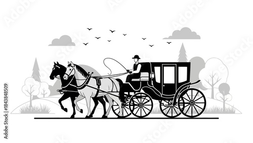 a detailed black and white illustration depicts a horse drawn carriage traveling along a landscape with trees and birds in the sky high quality professional modern