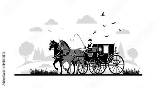 a vintage illustration depicts a horse drawn carriage traveling across a grassy landscape under a cloudy sky with birds in flight high quality professional detailed modern